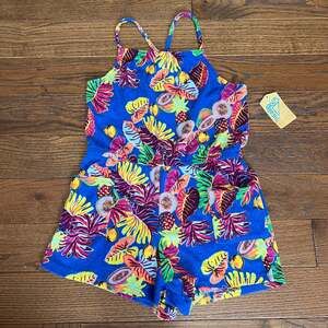 ThereAbouts Racing Blue Leaf Terry Cloth Romper Size Girl's L NWT